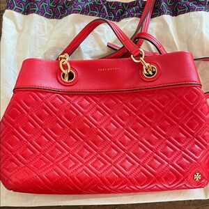 Tory Burch Red Quilted Leather Tote with Gold Hardware